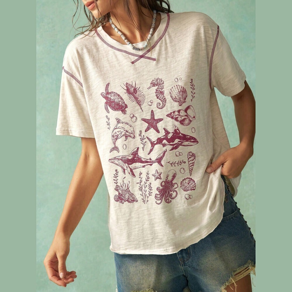 Cream Sea Life Graphic Tee with Contrast Stitch V-Neck